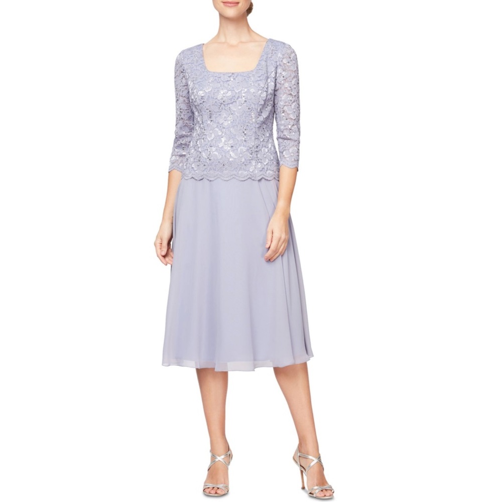 Alex Evenings Lavender Sequined Floral Short Sleeve Scoop Neck